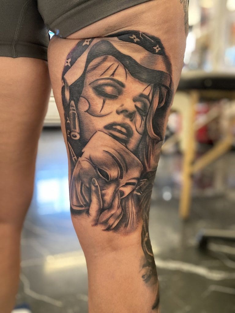Detailed black and grey snake tattoo on leg – B.List Christchurch