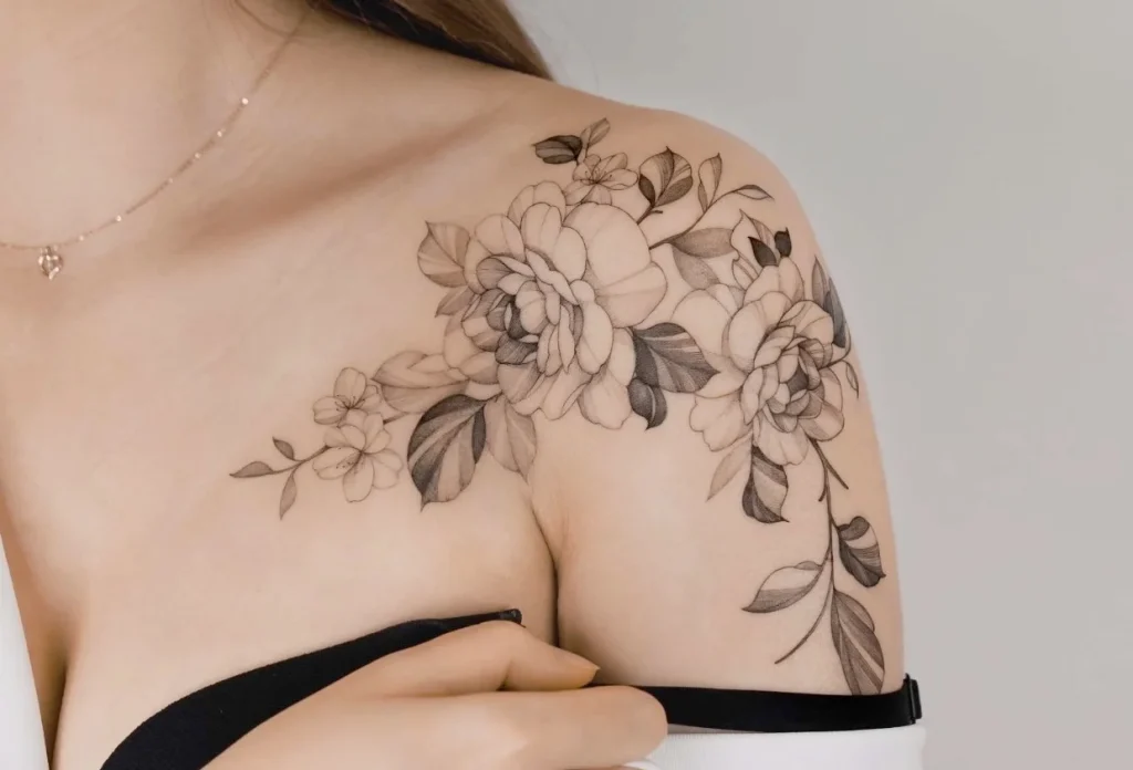 Fineline floral sleeve tattoo by B.List Tattoo Christchurch